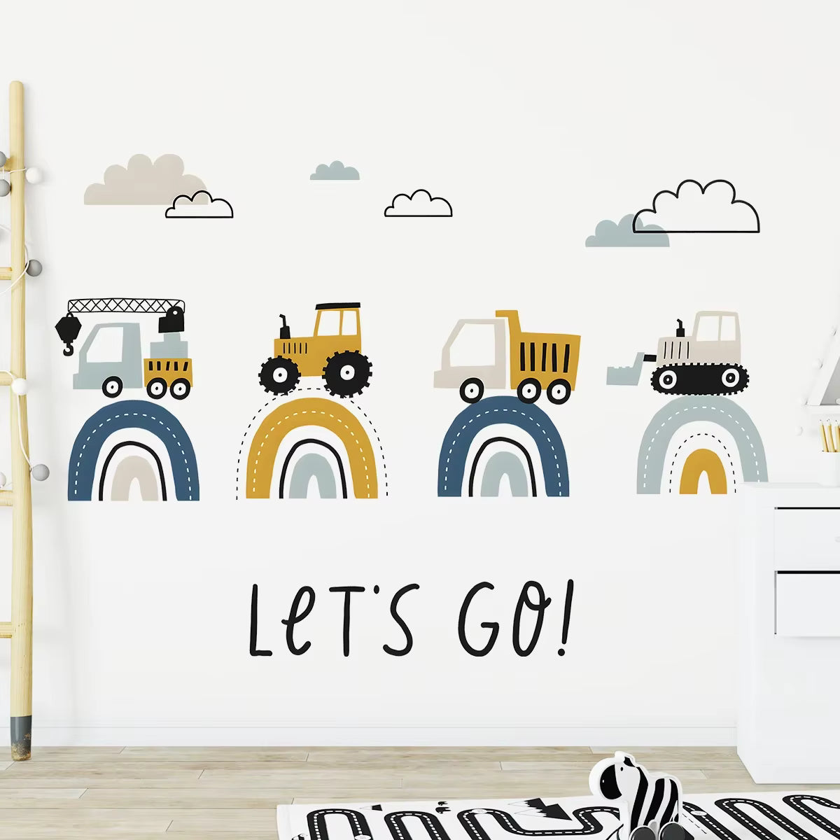Stoere Kinderkamer Sticker – Regenboog & Voertuigen