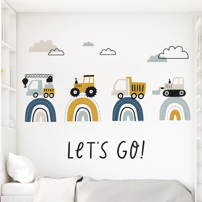 Stoere Kinderkamer Sticker – Regenboog & Voertuigen