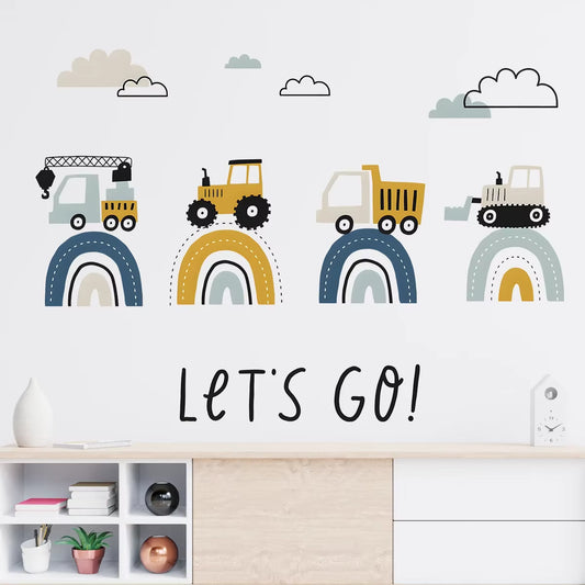 Stoere Kinderkamer Sticker – Regenboog & Voertuigen
